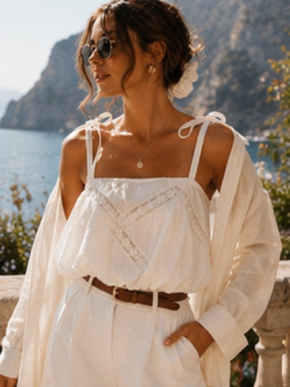 ZARA White Tie-Strap Lace Trim Boho Top NWT | Vacation Coastal Chic - Picture 3 of 8